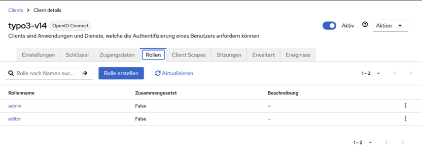 Keycloak, Reiter Rollen des Clients typo3-v14 mit den Rollen admin und editor