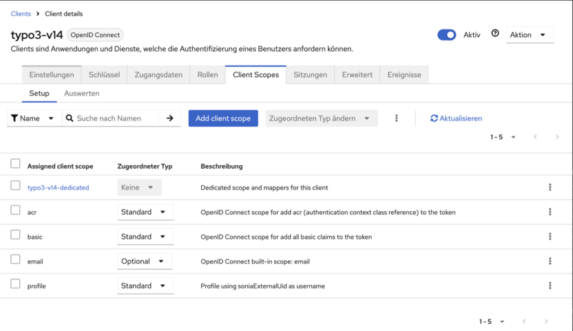 Keycloak, Reiter Client Scopes: typo3-v14-dedicated, acr, basic und profile als Standard, email optional