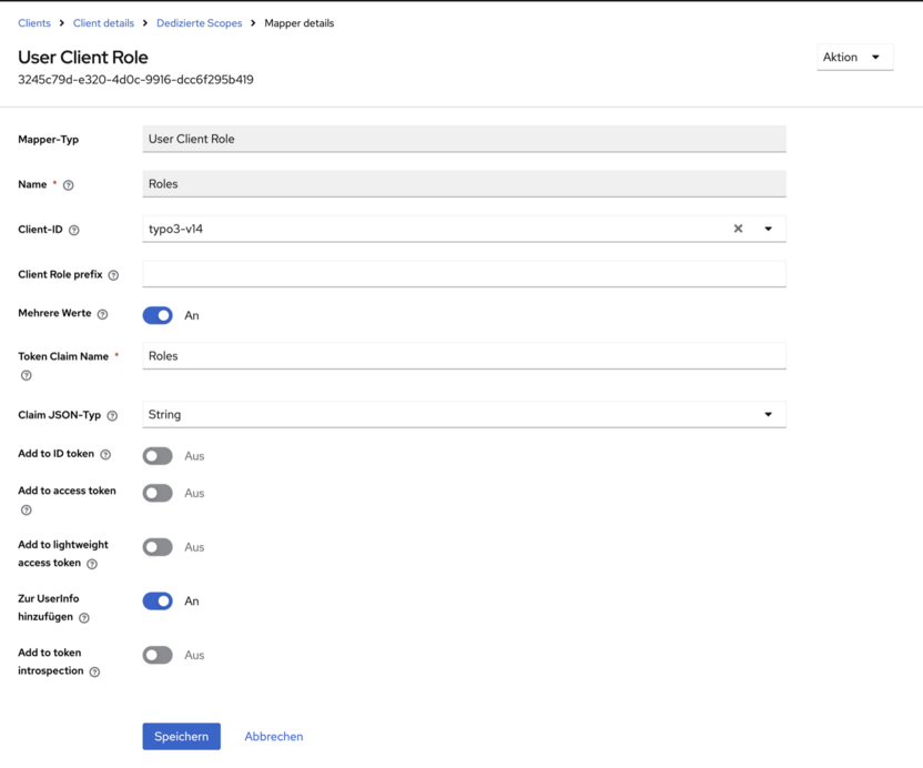 Keycloak, Mapper „Roles“ vom Typ User Client Role: Client-ID typo3-v14, mehrere Werte an, Token Claim Name Roles, nur zur UserInfo hinzufügen an