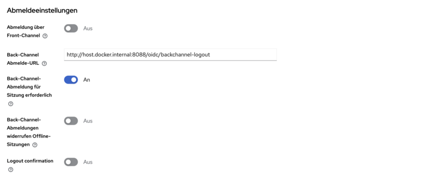 Keycloak, Abmeldeeinstellungen: Front-Channel aus, Back-Channel-Abmelde-URL eingetragen, Sitzung erforderlich an