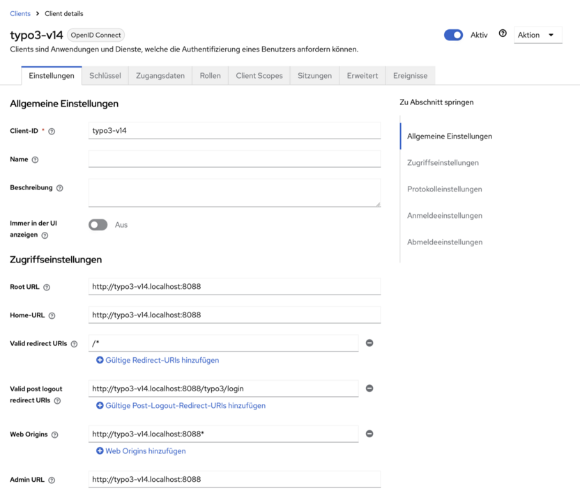 Keycloak, Client typo3-v14, Reiter Einstellungen: Allgemeine Einstellungen und Zugriffseinstellungen