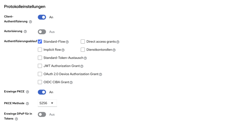 Keycloak, Protokolleinstellungen: Client-Authentifizierung an, nur Standard-Flow, PKCE erzwungen mit S256